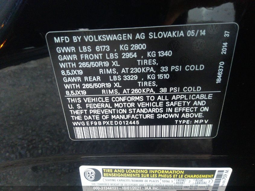 2014 VOLKSWAGEN TOUAREG LUX WVGEF9BPXED012445