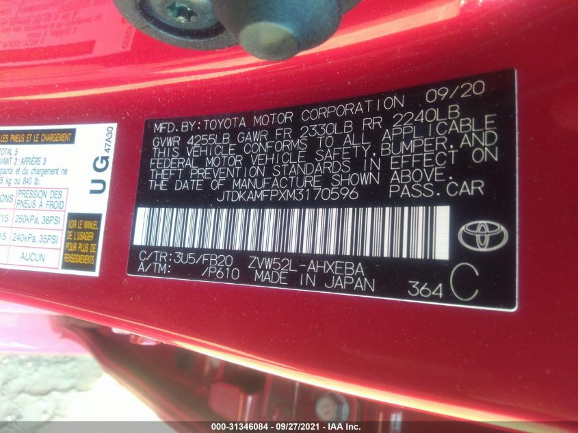 2021 TOYOTA PRIUS PRIME LE/XLE/LIMITED JTDKAMFPXM3170596