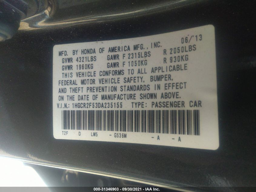2013 HONDA ACCORD SDN SPORT 1HGCR2F53DA235155
