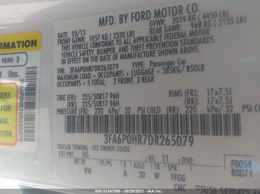 2013 FORD FUSION SE 3FA6P0HR7DR265079
