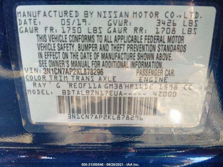 2019 NISSAN VERSA SEDAN SV 3N1CN7AP2KL878296