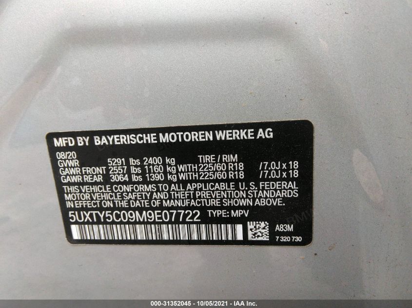 2021 BMW X3 XDRIVE30I 5UXTY5C09M9E07722