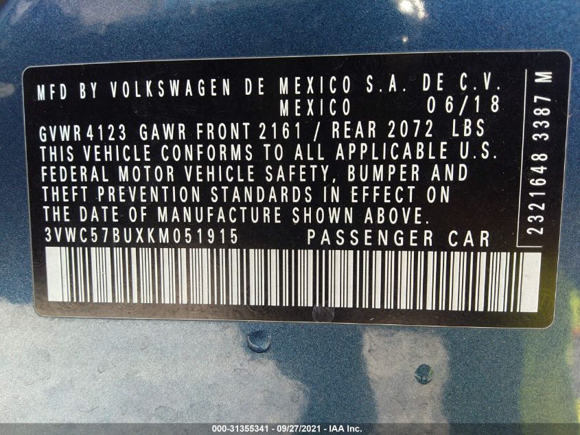 2019 VOLKSWAGEN JETTA S/SE/R-LINE 3VWC57BUXKM051915