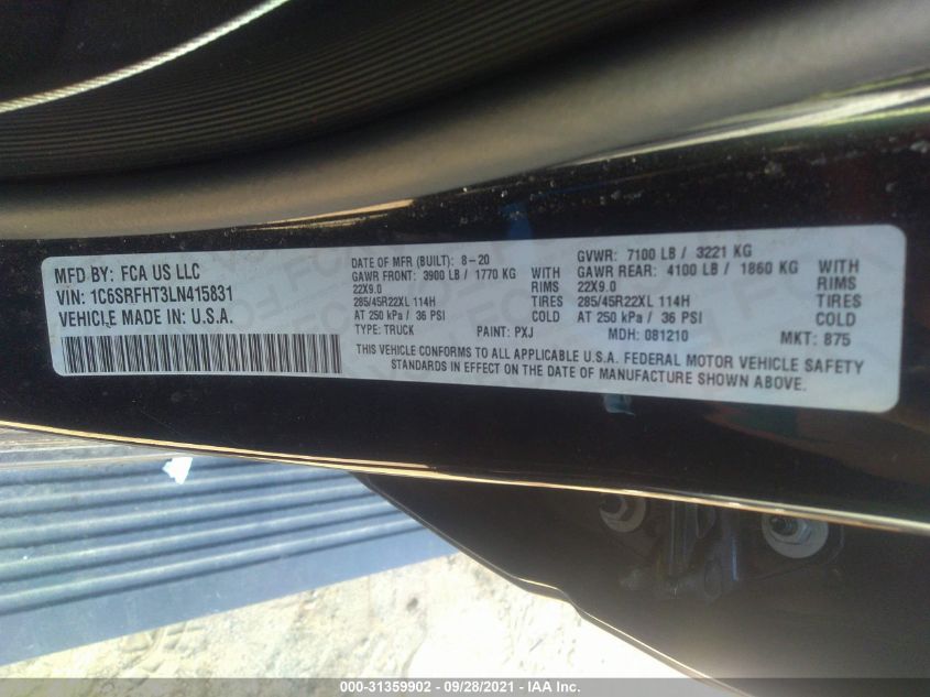 2020 RAM 1500 LIMITED 1C6SRFHT3LN415831