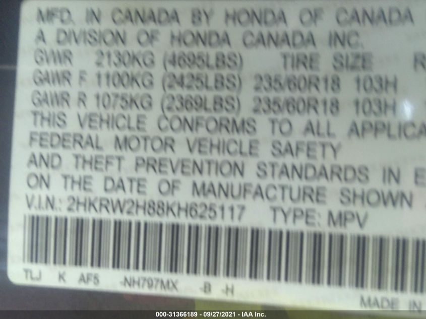 2019 HONDA CR-V EX-L 2HKRW2H88KH625117