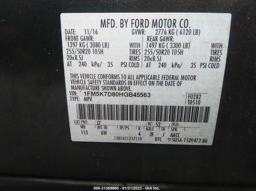 2017 FORD EXPLORER XLT 1FM5K7D80HGB45563