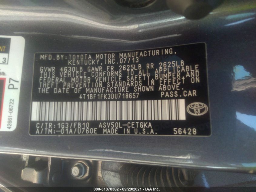 2013 TOYOTA CAMRY L/LE/SE/XLE 4T1BF1FK3DU718657