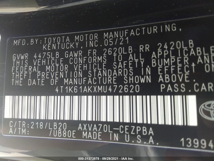 2021 TOYOTA CAMRY XSE 4T1K61AKXMU472620