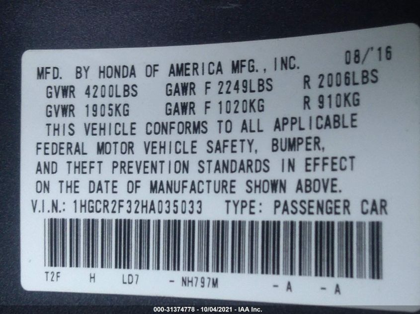 2017 HONDA ACCORD SEDAN LX 1HGCR2F32HA035033