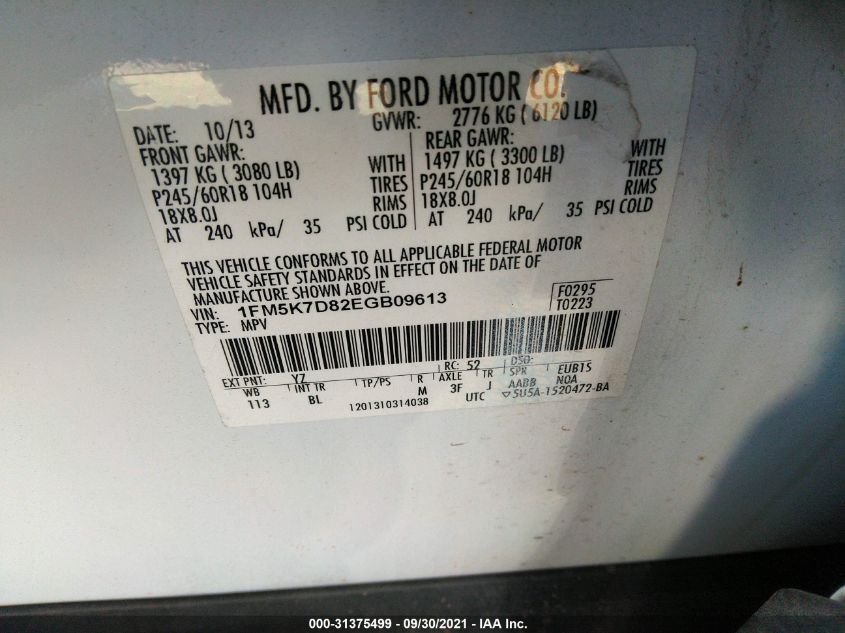 2014 FORD EXPLORER XLT 1FM5K7D82EGB09613