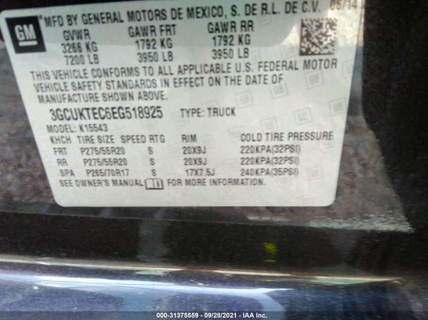 2014 CHEVROLET SILVERADO 1500 HIGH COUNTRY 3GCUKTEC6EG518925