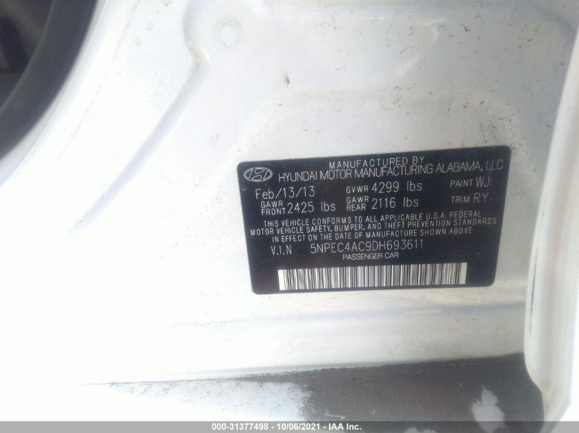 2013 HYUNDAI SONATA SE 5NPEC4AC9DH693611