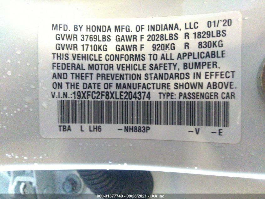 2020 HONDA CIVIC SEDAN SPORT 19XFC2F8XLE204374