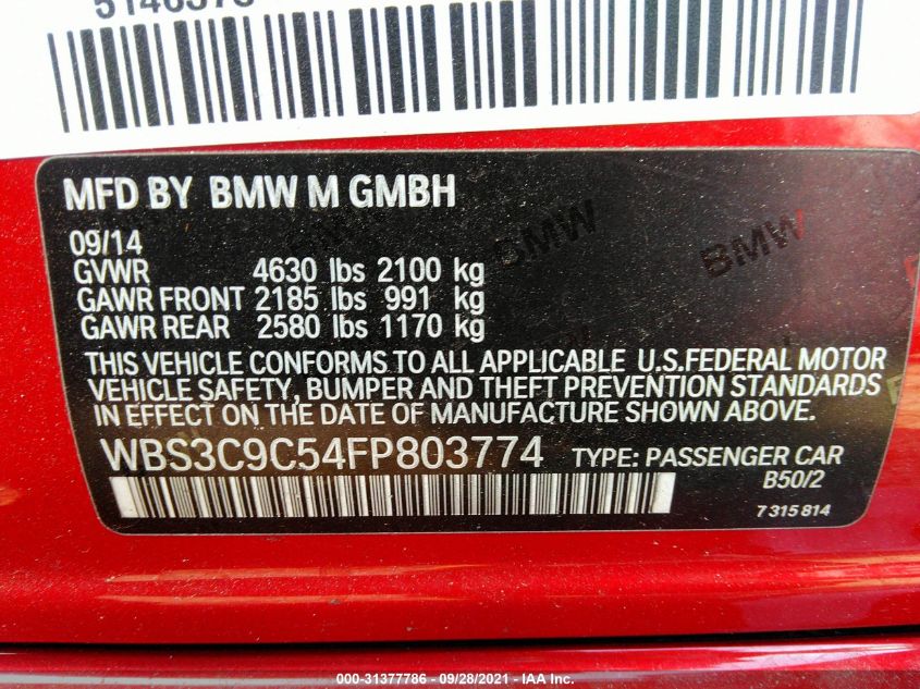 2015 BMW M3 WBS3C9C54FP803774