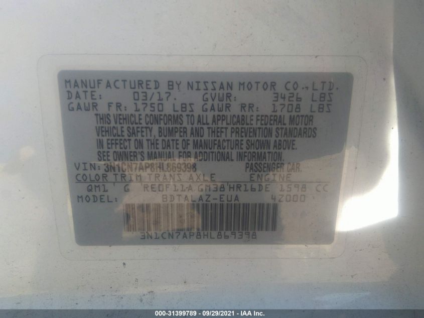 2017 NISSAN VERSA SEDAN S PLUS 3N1CN7AP8HL869398
