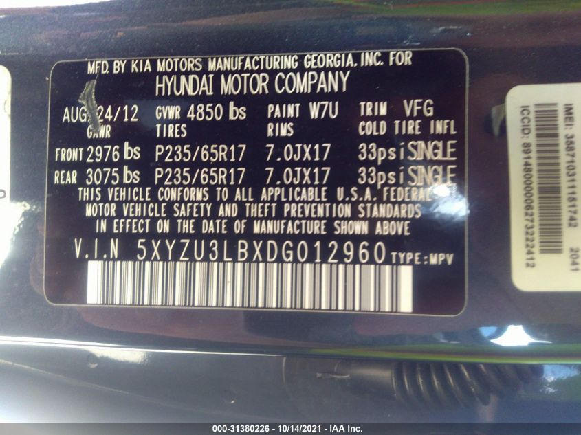 2013 HYUNDAI SANTA FE SPORT 5XYZU3LBXDG012960