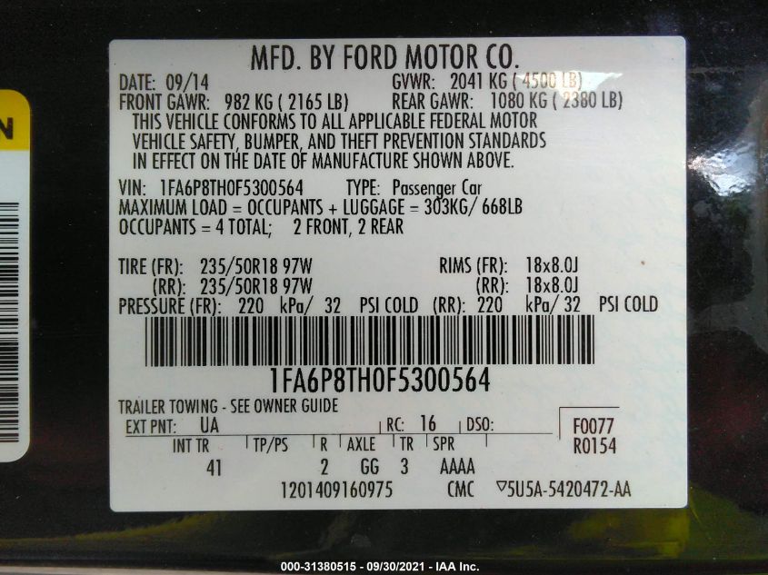2015 FORD MUSTANG ECOBOOST 1FA6P8TH0F5300564