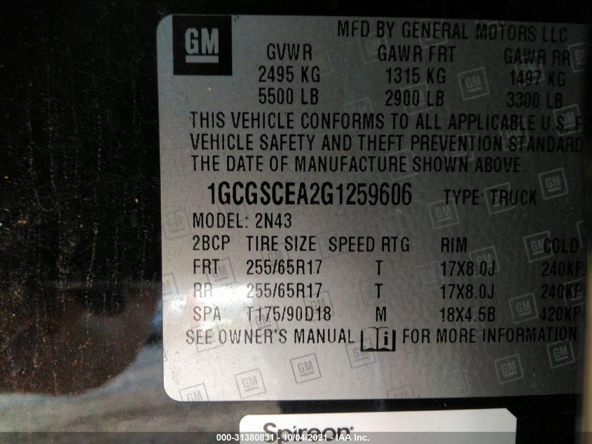 2016 CHEVROLET COLORADO 2WD LT 1GCGSCEA2G1259606