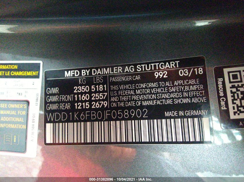 2018 MERCEDES-BENZ E-CLASS E 400 WDD1K6FB0JF058902
