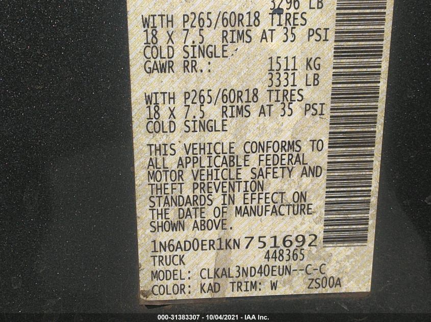 2019 NISSAN FRONTIER SL 1N6AD0ER1KN751692
