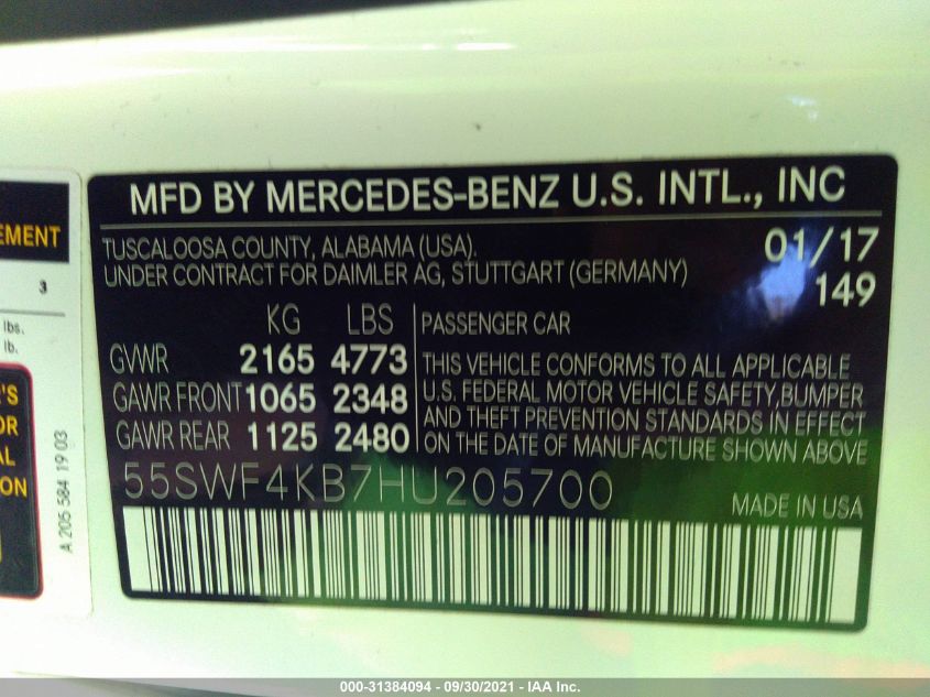 2017 MERCEDES-BENZ C-CLASS C 300 55SWF4KB7HU205700