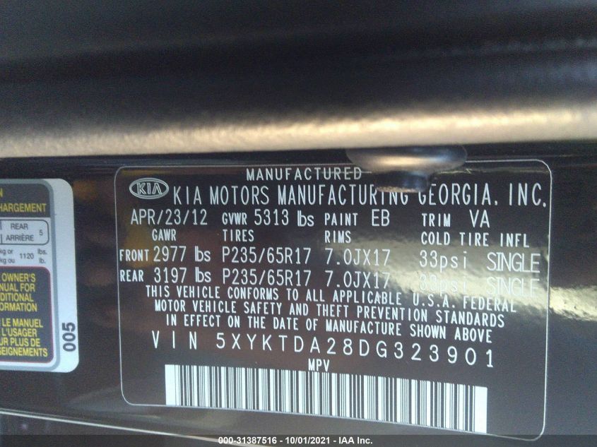 2013 KIA SORENTO LX 5XYKTDA28DG323901
