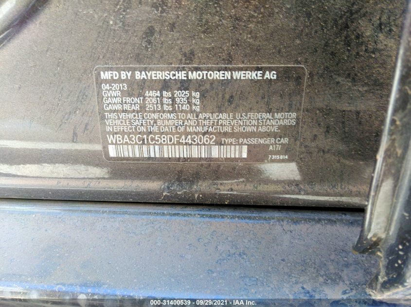 2013 BMW 3 SERIES 328I WBA3C1C58DF443062