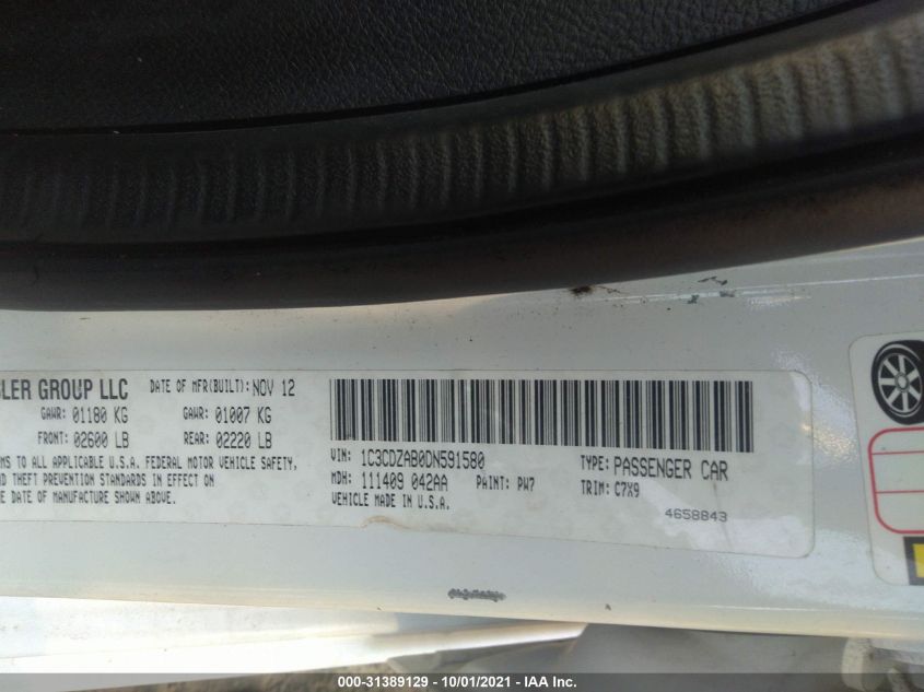 2013 DODGE AVENGER SE 1C3CDZAB0DN591580