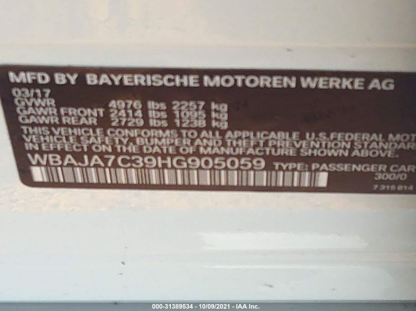 2017 BMW 5 SERIES 530I XDRIVE WBAJA7C39HG905059