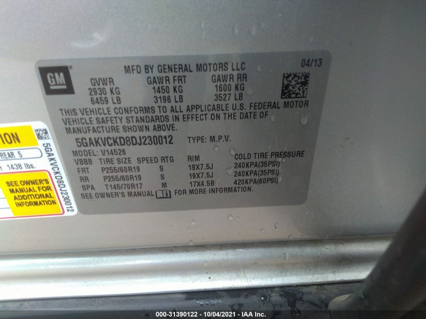 2013 BUICK ENCLAVE LEATHER 5GAKVCKD8DJ230012