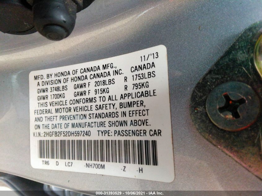2013 HONDA CIVIC SDN LX 2HGFB2F52DH597240