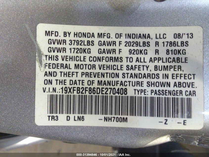 2013 HONDA CIVIC SDN EX 19XFB2F86DE270408