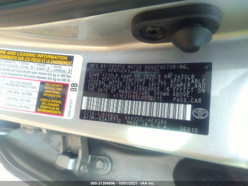2020 TOYOTA AVALON HYBRID XSE 4T1E21FB5LU019215