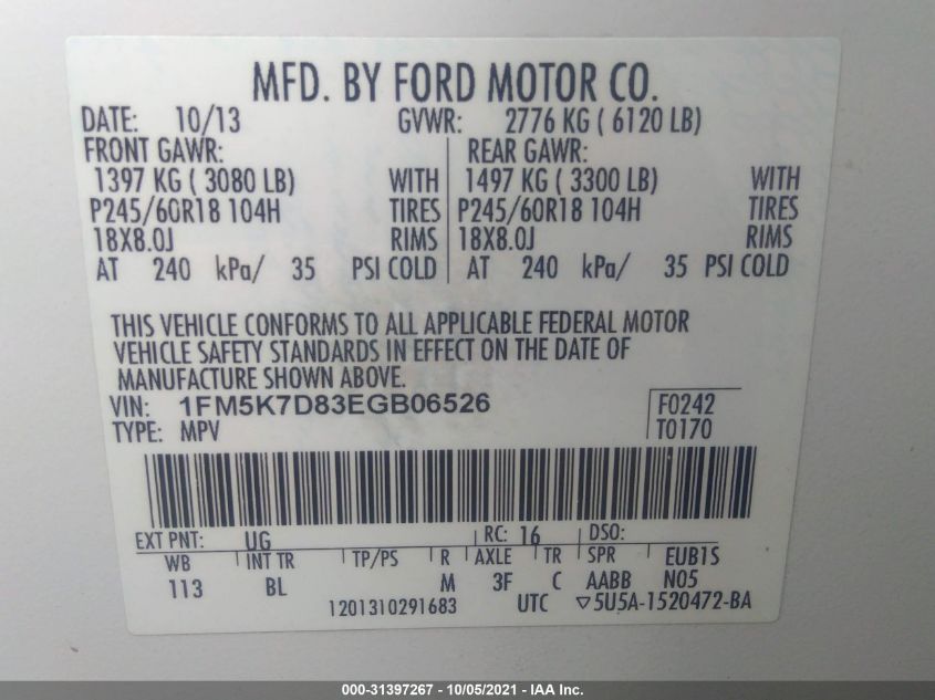 2014 FORD EXPLORER XLT 1FM5K7D83EGB06526