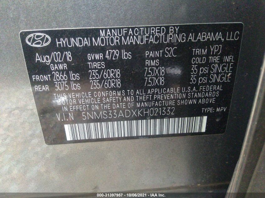 2019 HYUNDAI SANTA FE SEL PLUS 5NMS33ADXKH021332
