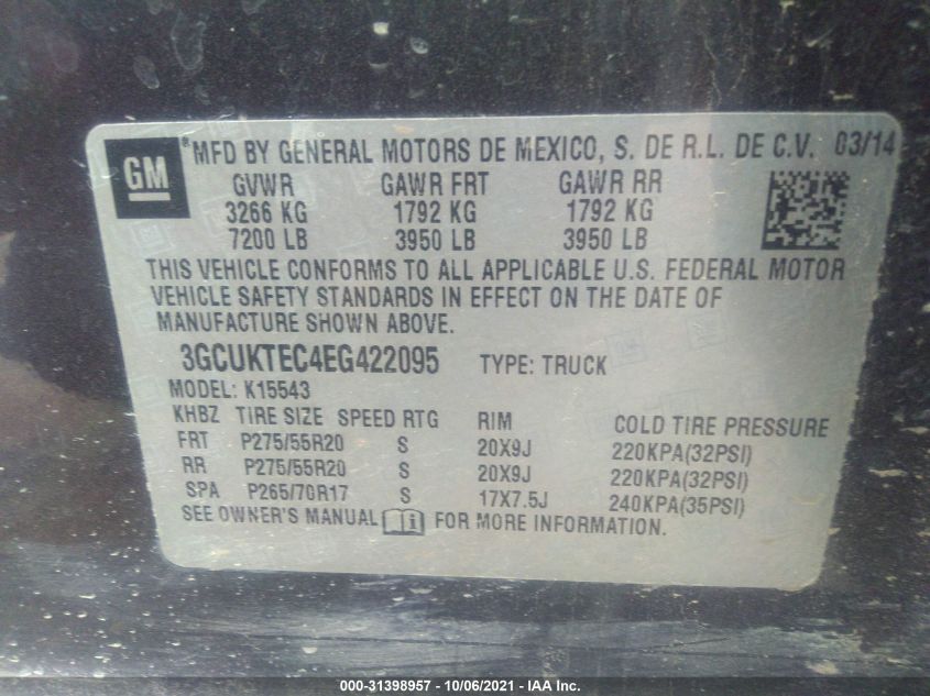 2014 CHEVROLET SILVERADO 1500 HIGH COUNTRY 3GCUKTEC4EG422095