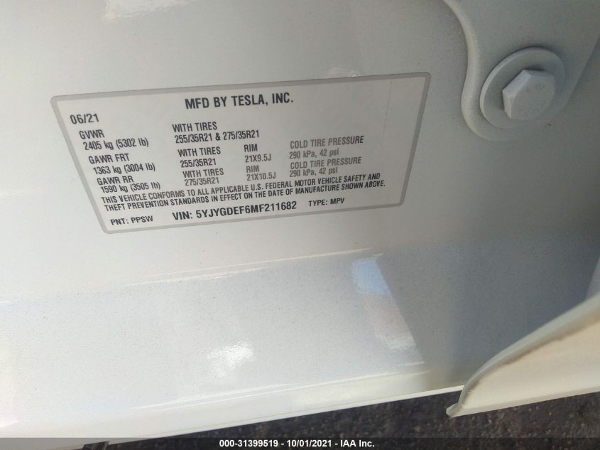 Auction sale of the 2021 TESLA MODEL Y , vin: 5YJYGDEF6MF211682, lot number: 31399519