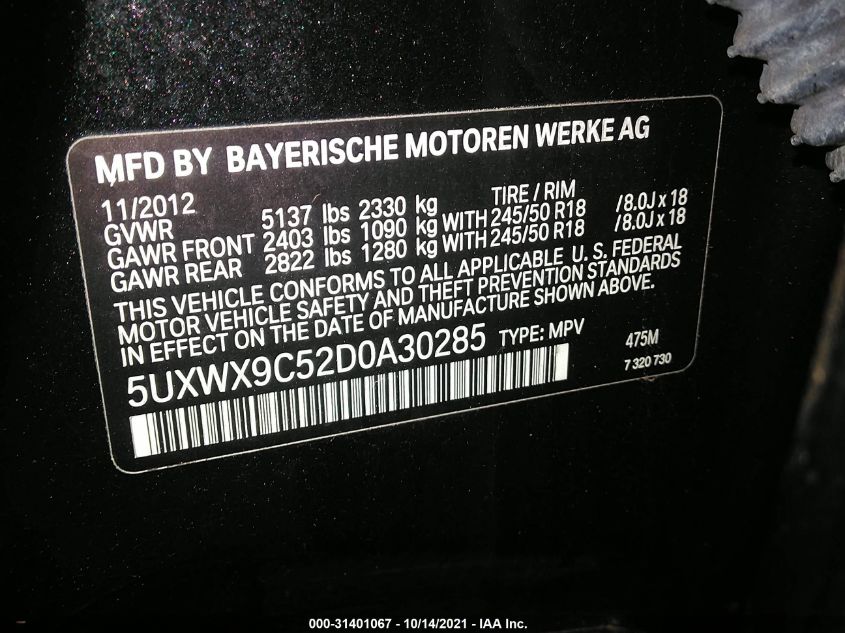 2013 BMW X3 XDRIVE28I 5UXWX9C52D0A30285