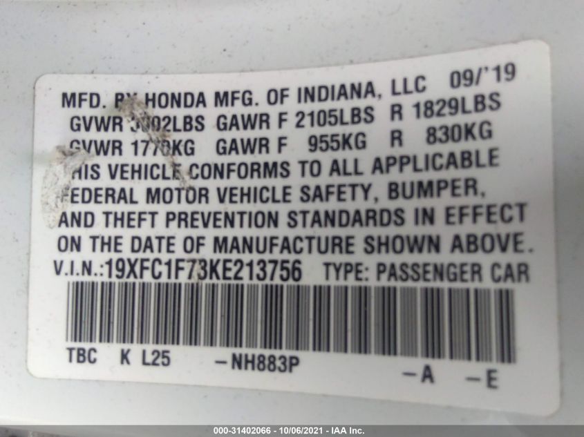 2019 HONDA CIVIC SEDAN EX-L 19XFC1F73KE213756