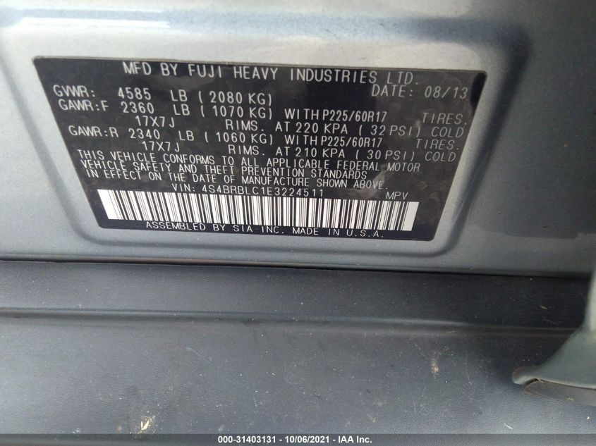 2014 SUBARU OUTBACK 2.5I LIMITED 4S4BRBLC1E3224511