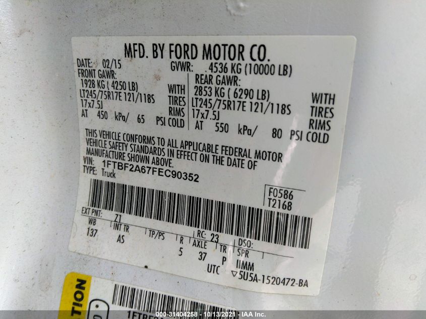 2015 FORD SUPER DUTY F-250 SRW XL/XLT 1FTBF2A67FEC90352