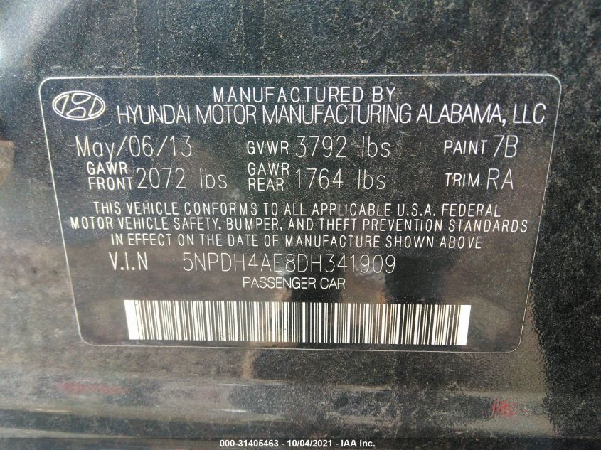 2013 HYUNDAI ELANTRA GLS 5NPDH4AE8DH341909