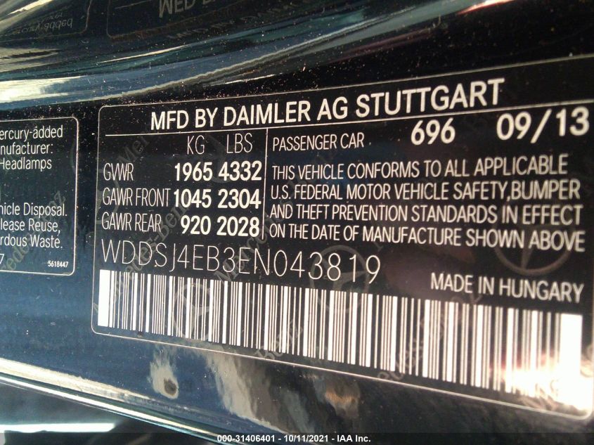 2014 MERCEDES-BENZ CLA-CLASS CLA 250 WDDSJ4EB3EN043819