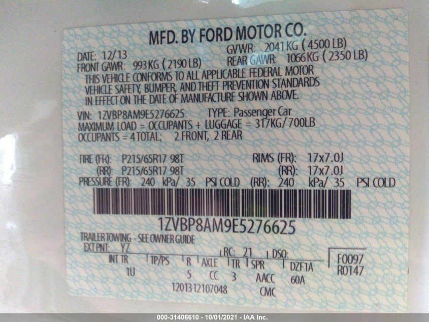 2014 FORD MUSTANG V6 PREMIUM 1ZVBP8AM9E5276625