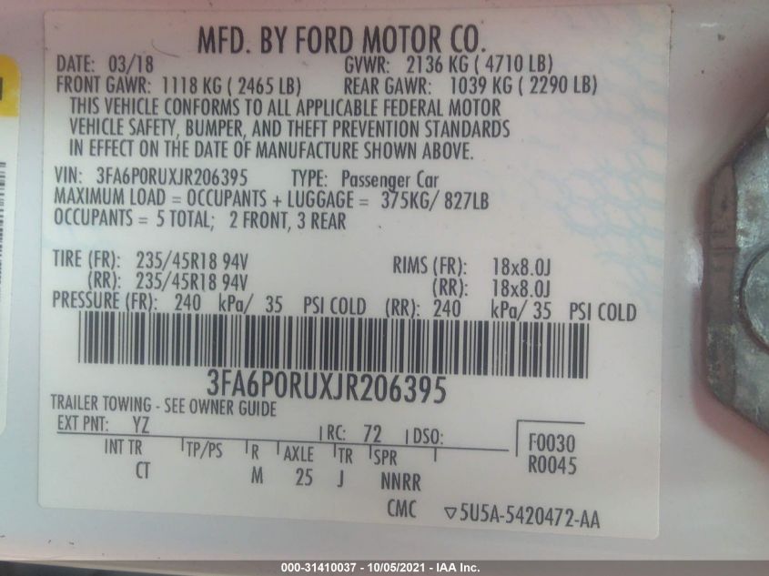 2018 FORD FUSION HYBRID TITANIUM/PLATINUM 3FA6P0RUXJR206395