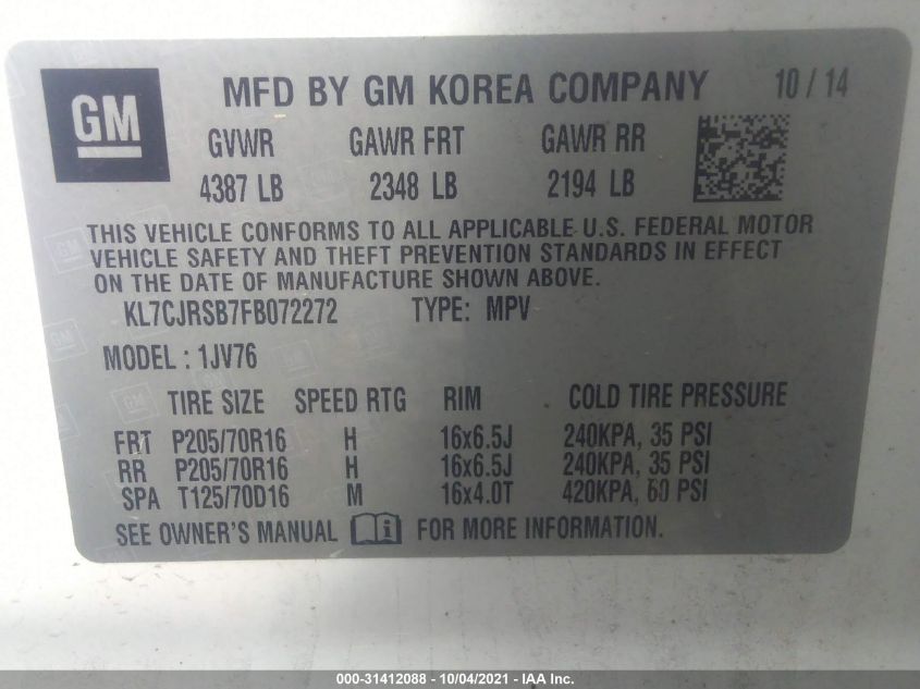 2015 CHEVROLET TRAX LT KL7CJRSB7FB072272