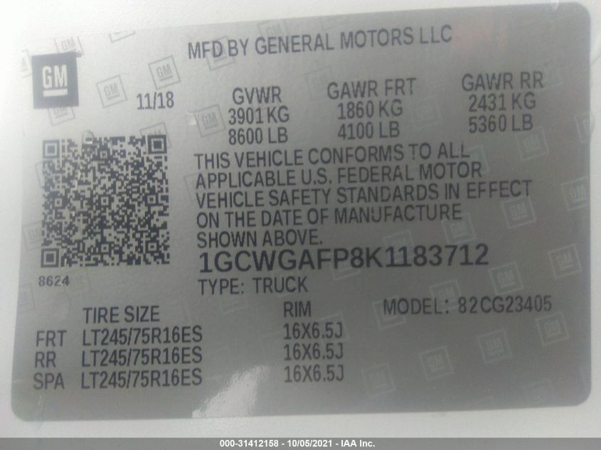 2019 CHEVROLET EXPRESS CARGO VAN 1GCWGAFP8K1183712