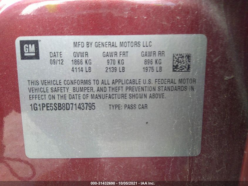 2013 CHEVROLET CRUZE 2LT 1G1PE5SB8D7143795
