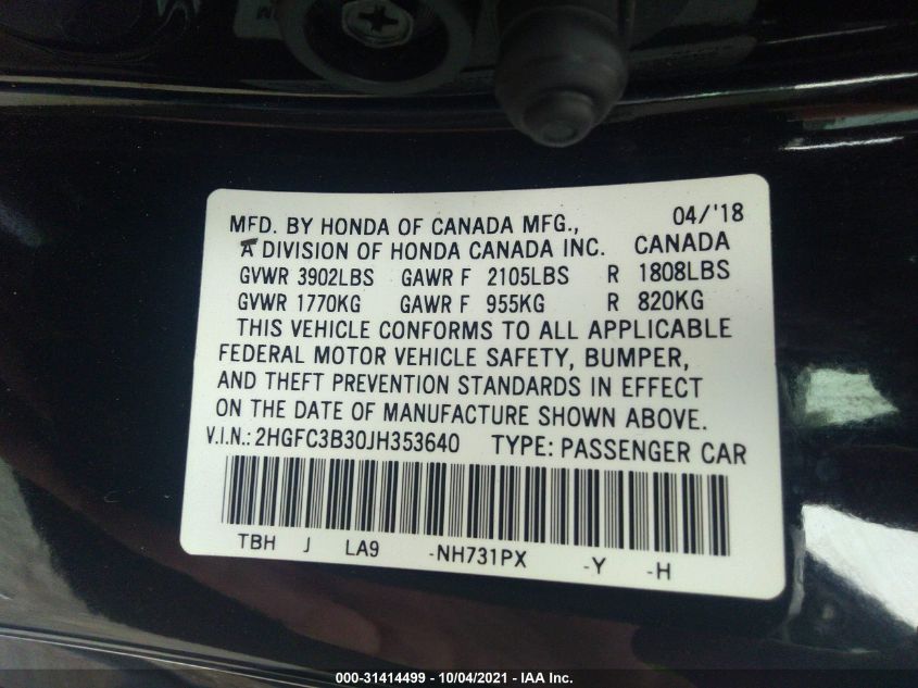 2018 HONDA CIVIC COUPE EX-T 2HGFC3B30JH353640