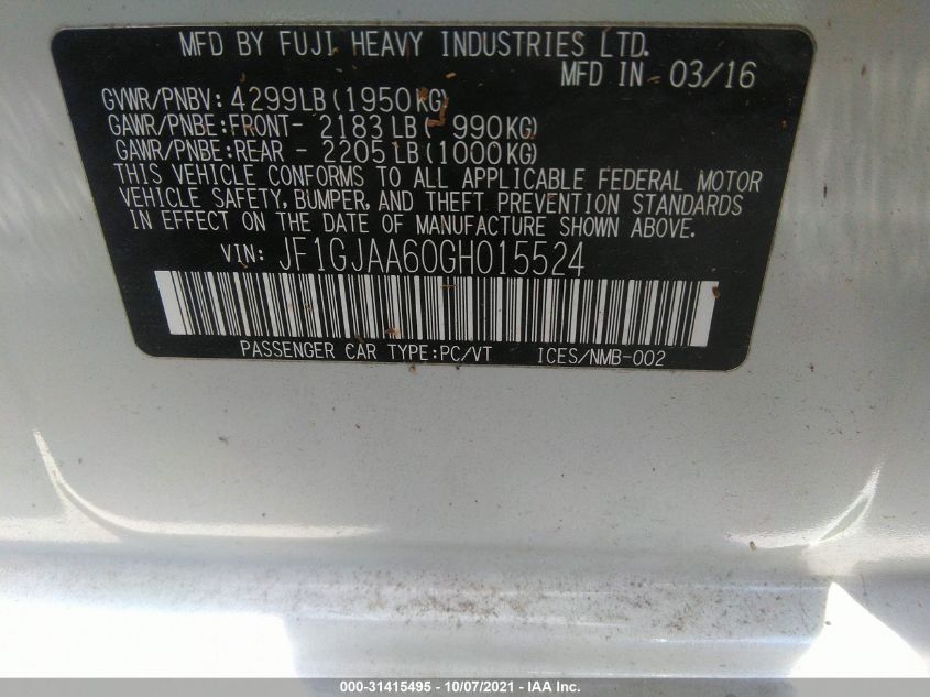 2016 SUBARU IMPREZA SEDAN JF1GJAA60GH015524